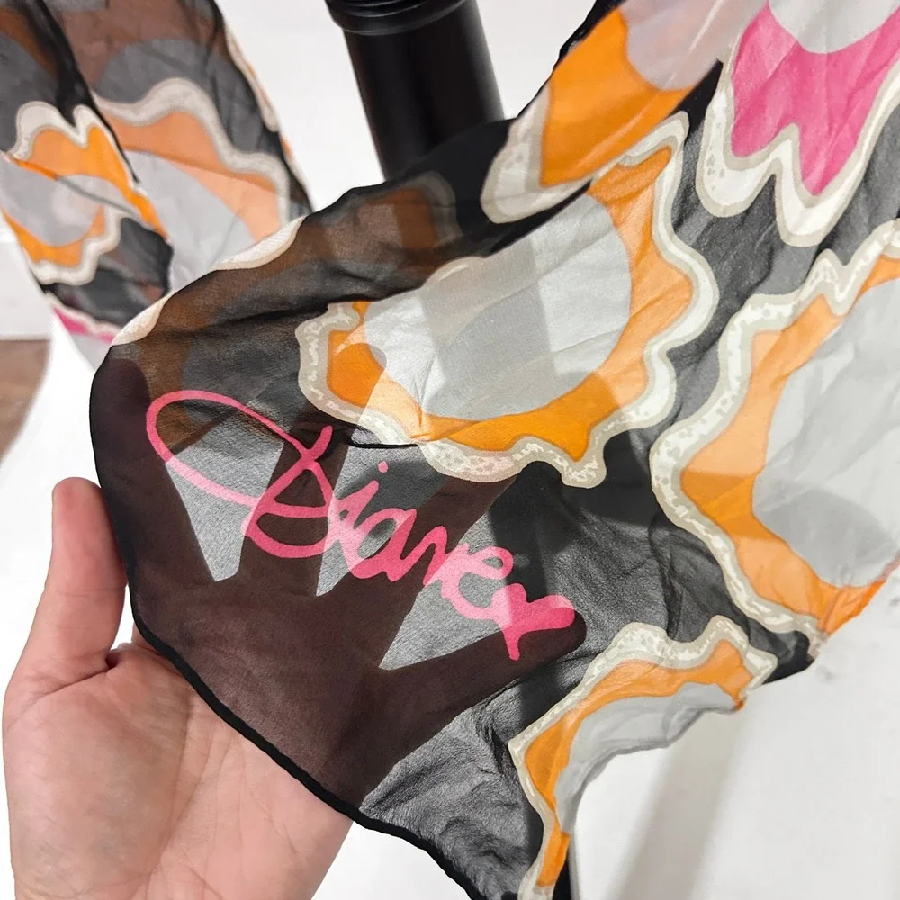 Diane von Furstenberg Silk Scarf Large 64X36 Floral Wrap Black Orange Retro Chic